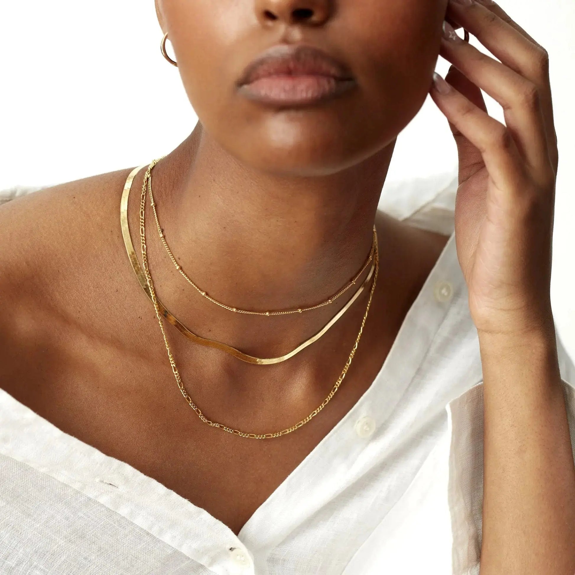Herringbone Gold Necklace for Women – 14k Gold Plated Snake & Figaro Chain Choker, Dainty Layered Jewelry Gift