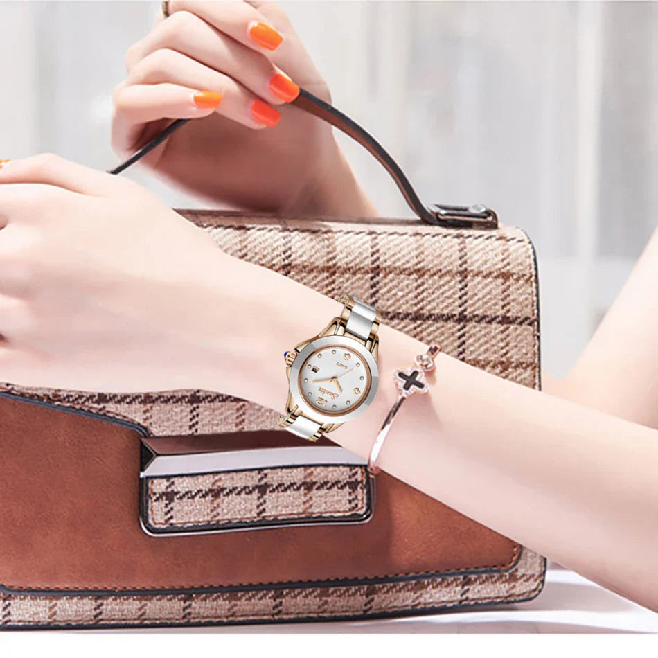 Women's Ceramic Stainless Steel Dress Watch With Date