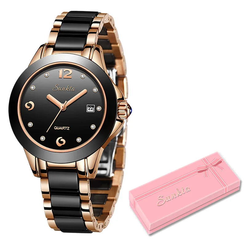 Women's Ceramic Stainless Steel Dress Watch With Date