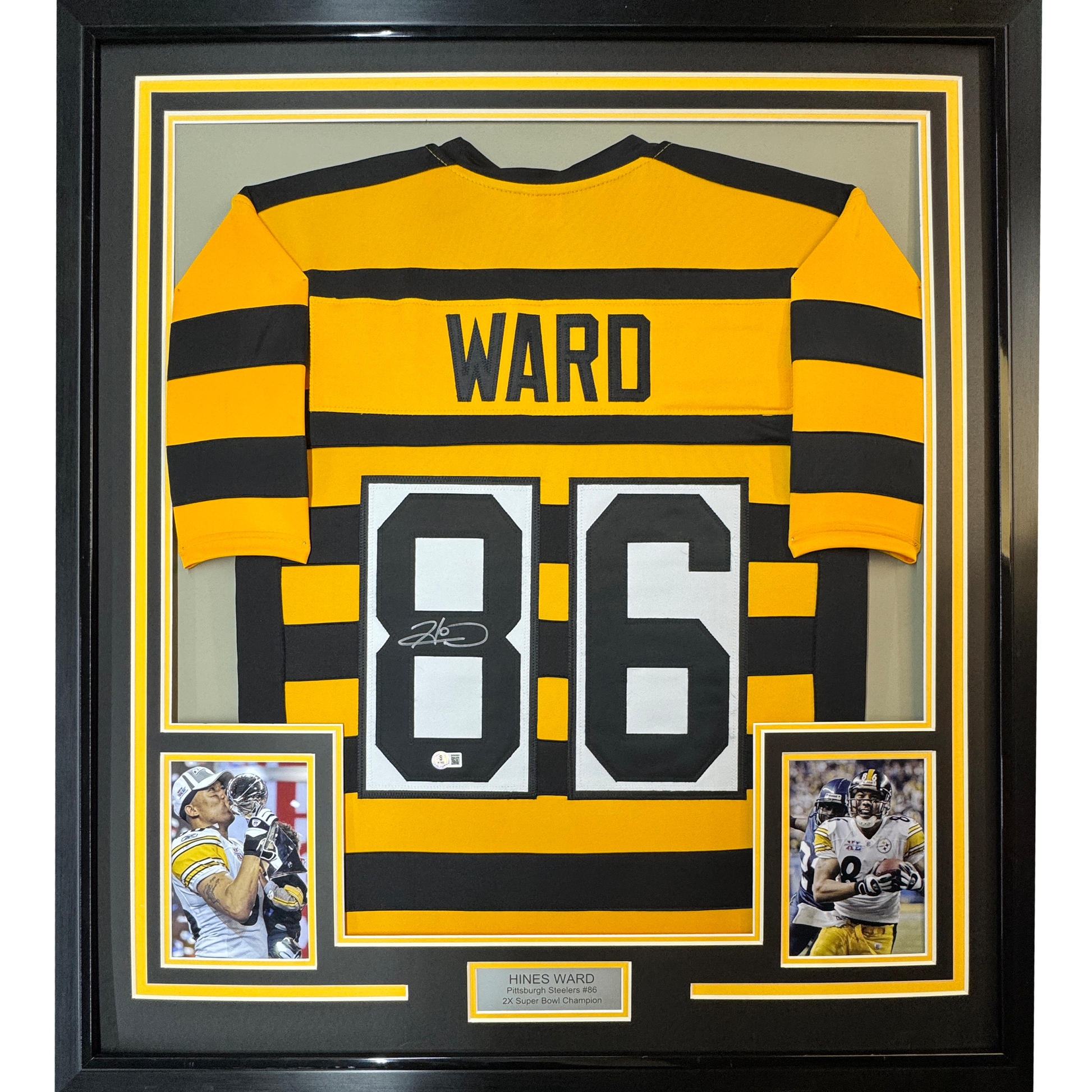 Framed Autographed/Signed Hines Ward 35x39 Pittsburgh Bumble Bee Football Jersey JSA COA