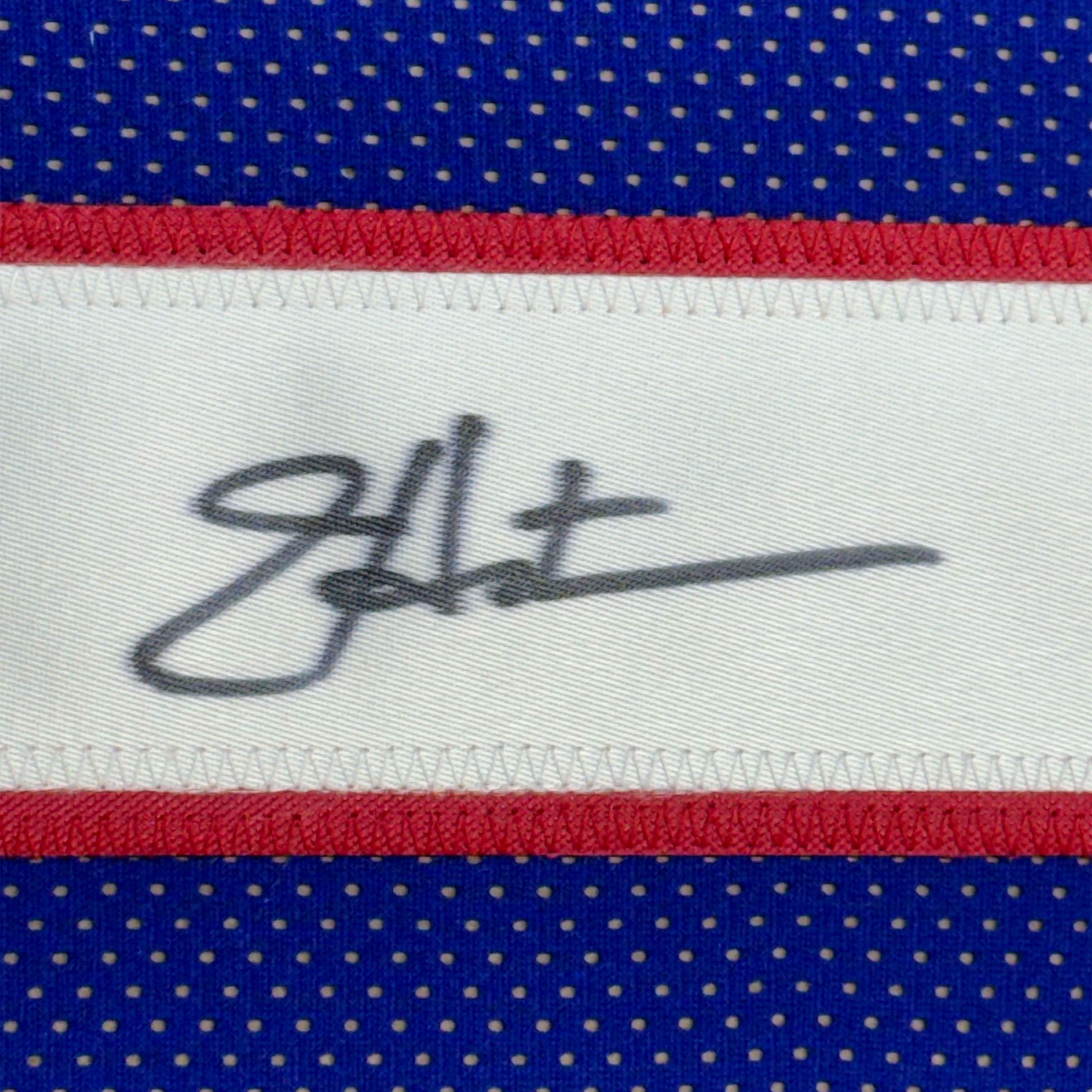Framed Autographed/Signed Jeff Hostetler 35x39 New York Blue Football Jersey JSA COA