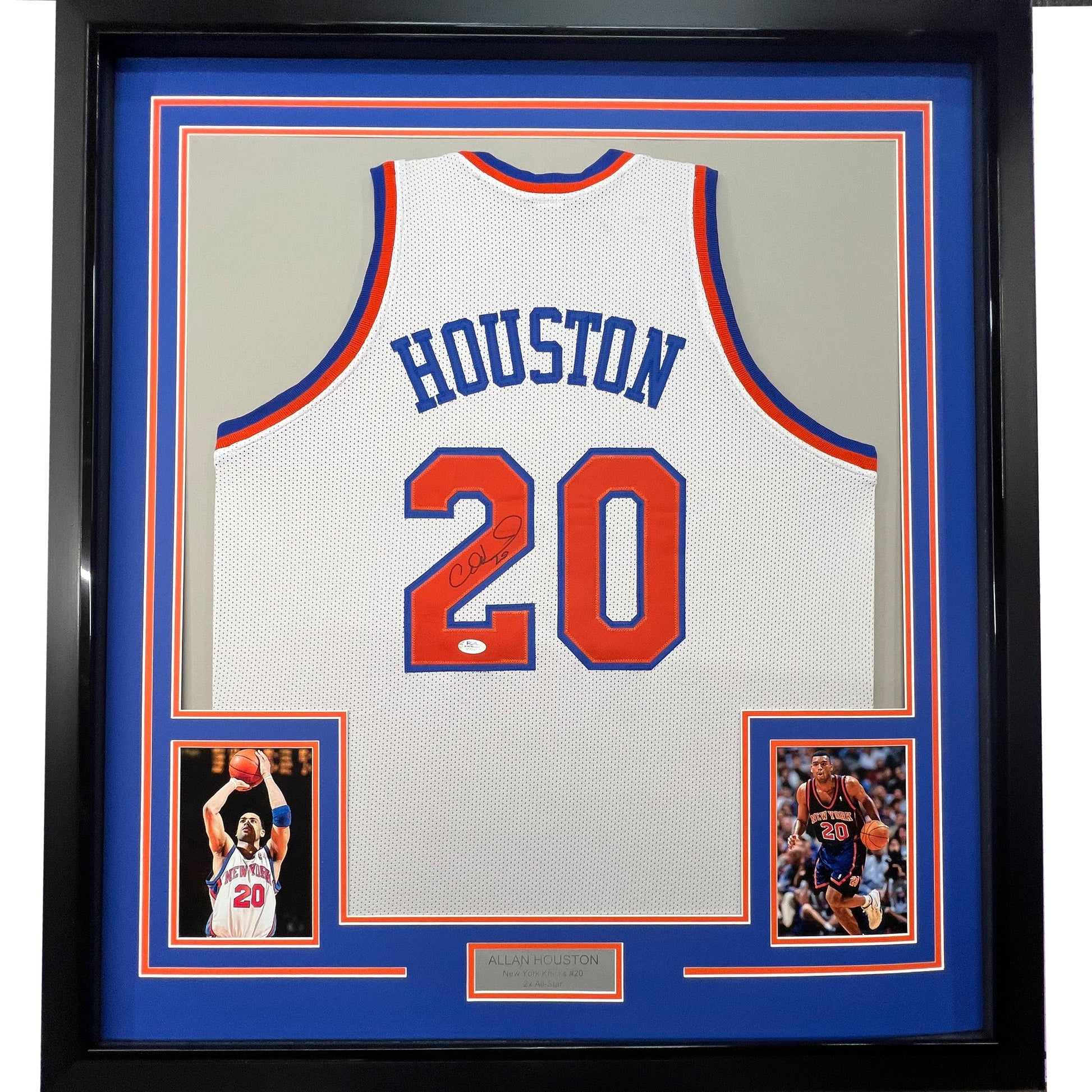 Framed Autographed/Signed Allan Houston 35x39 New York White Basketball Jersey PSA/DNA COA