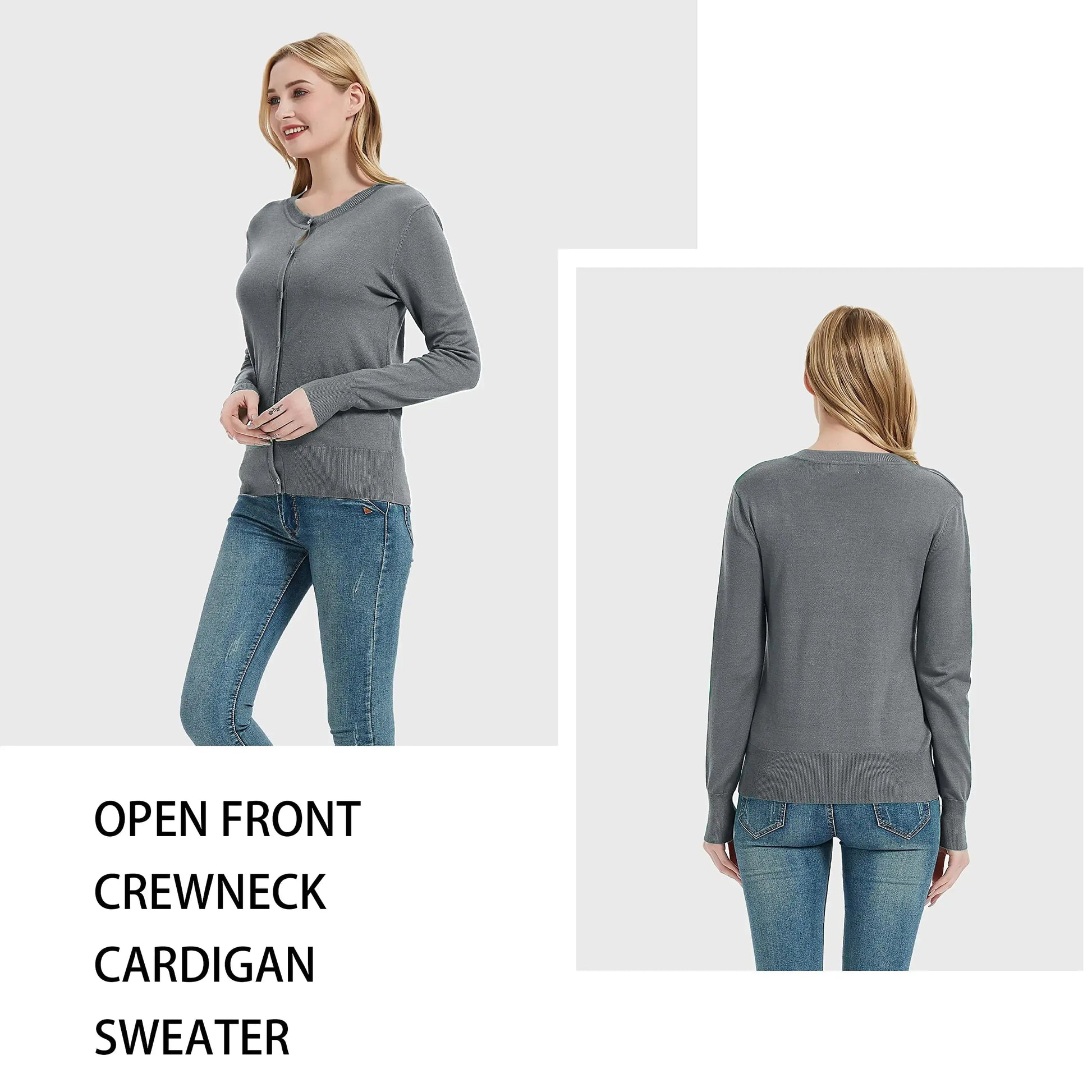 Huuloo Women's Crew Neck Button Down Long Sleeve Cardigan Sweater - Silver Grey XX-Large