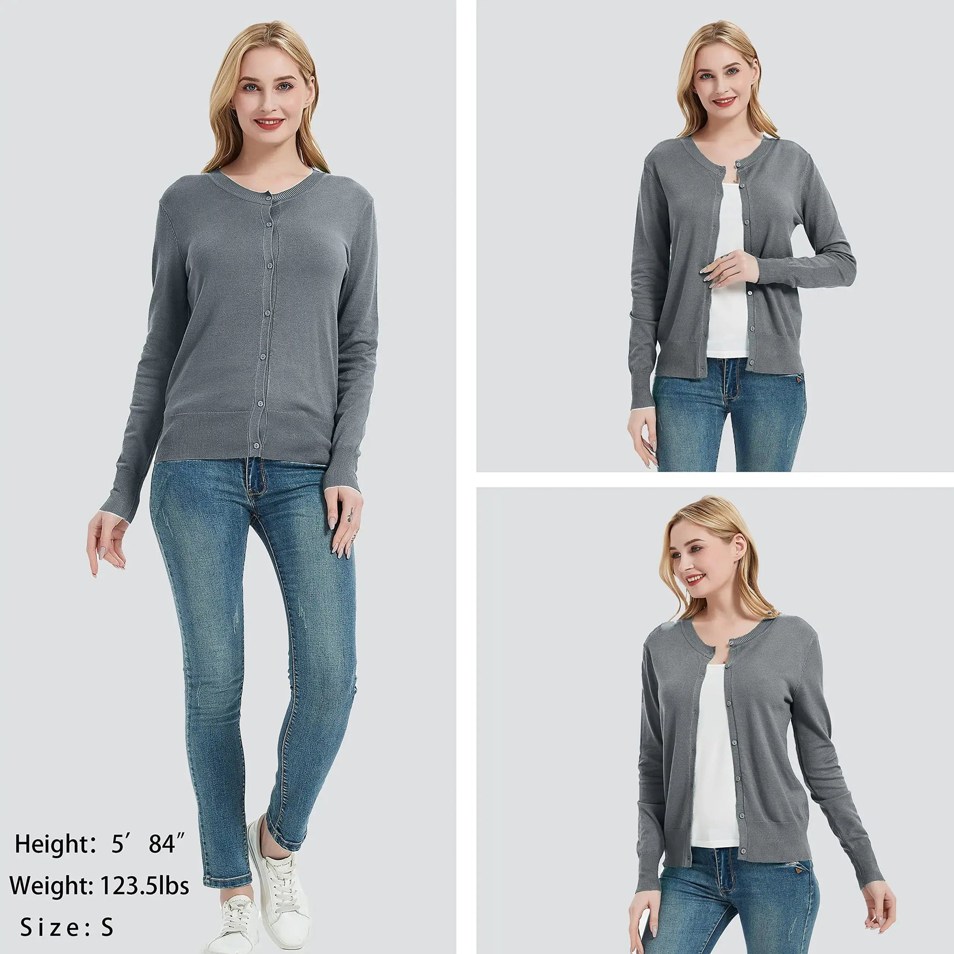 Huuloo Women's Crew Neck Button Down Long Sleeve Cardigan Sweater - Silver Grey XX-Large