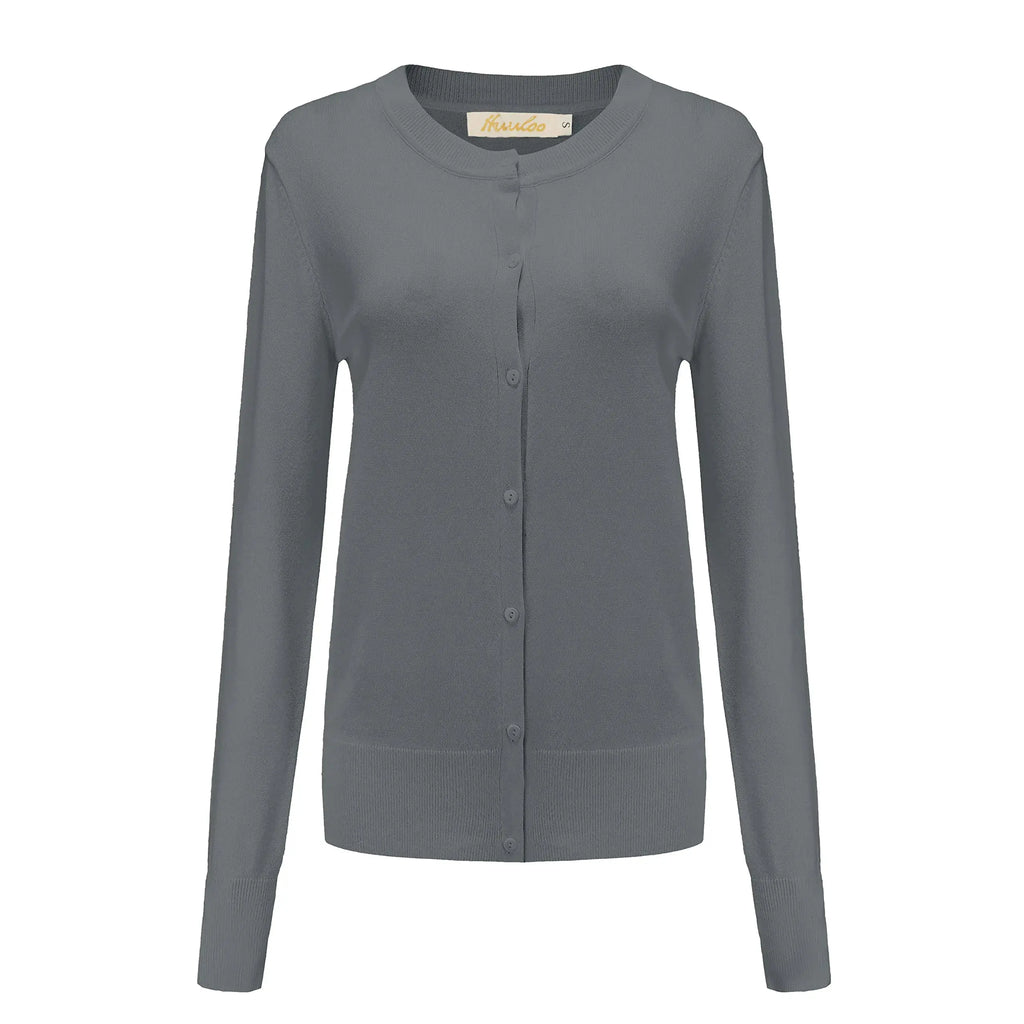 Huuloo Women's Crew Neck Button Down Long Sleeve Cardigan Sweater - Silver Grey XX-Large