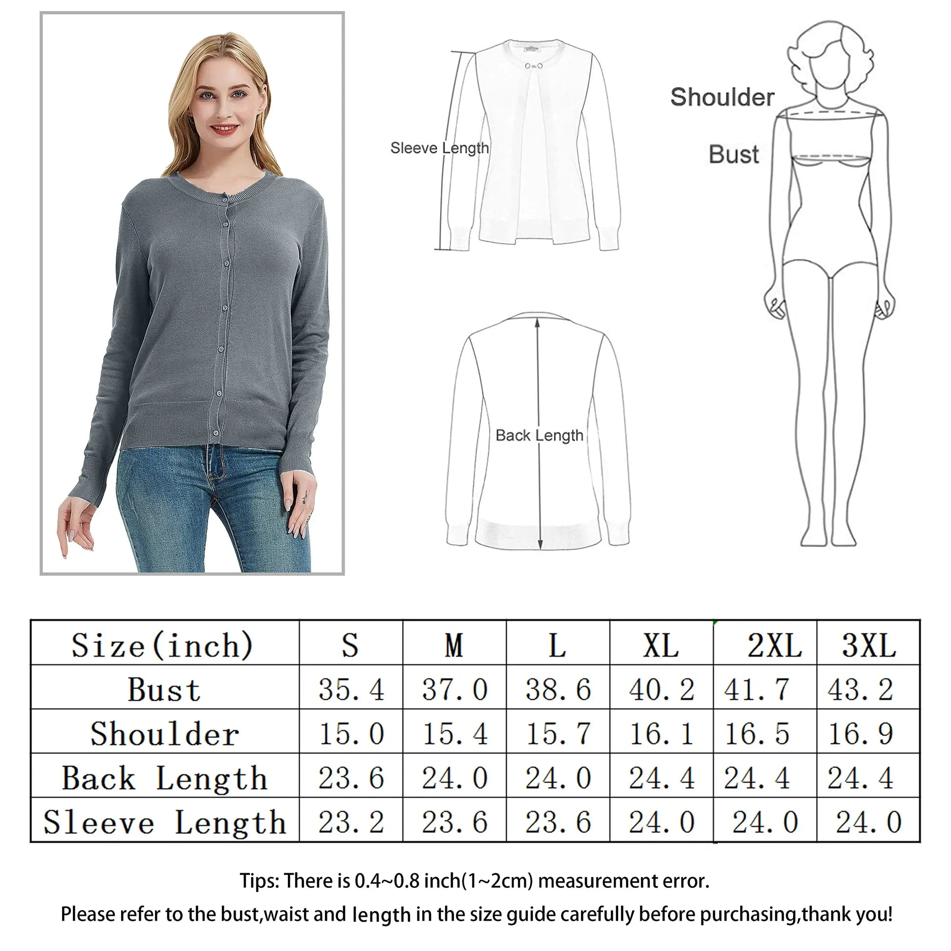 Huuloo Women's Crew Neck Button Down Long Sleeve Cardigan Sweater - Silver Grey XX-Large
