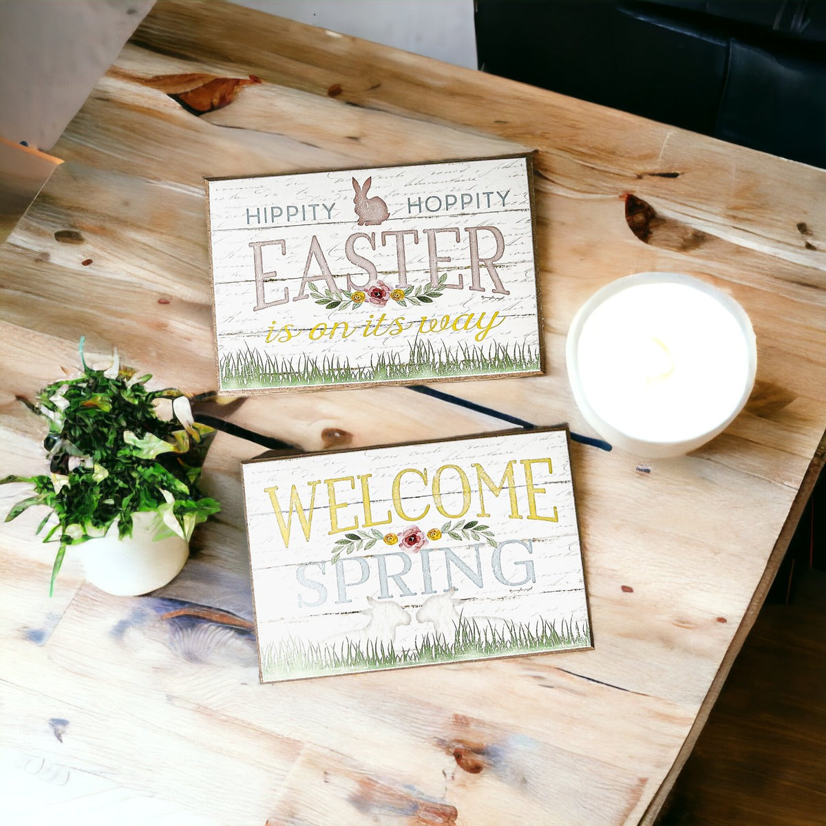Easter Spring Floral Block Signs Set - Watercolor Bunny and Hippity Hoppity