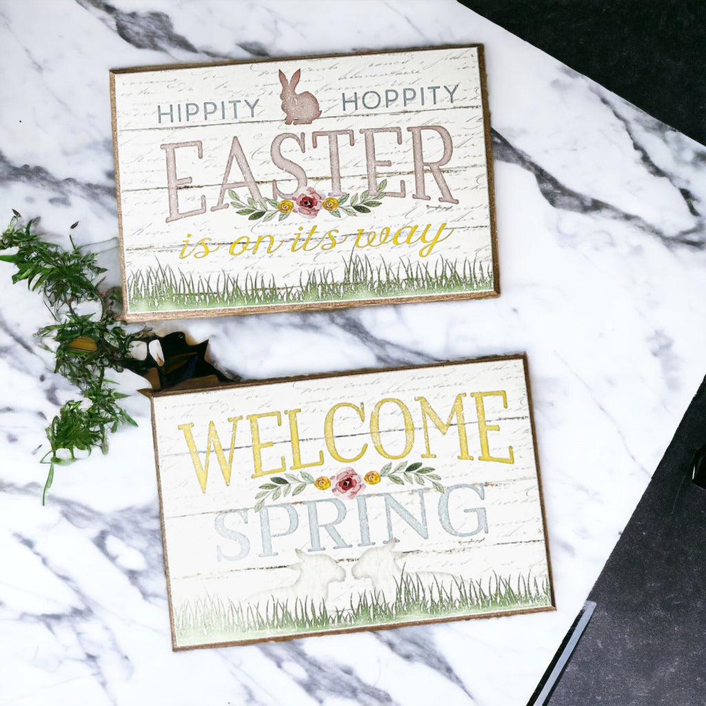 Easter Spring Floral Block Signs Set - Watercolor Bunny and Hippity Hoppity