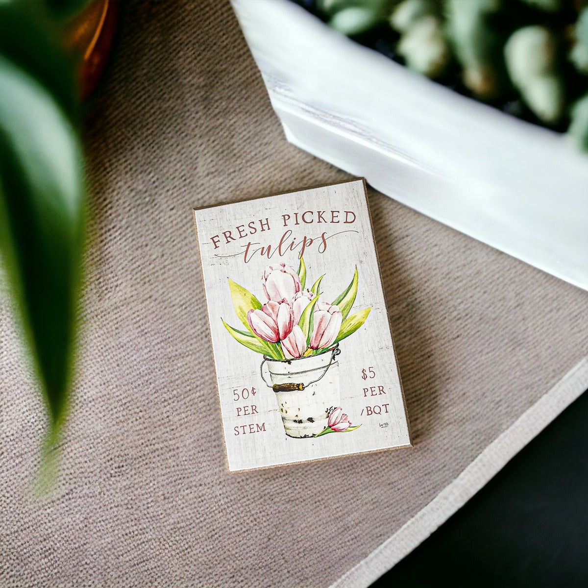 Fresh Tulips Wooden Block Sign Spring Summer Farmhouse Floral Home Decor Rustic Shelf Sitter
