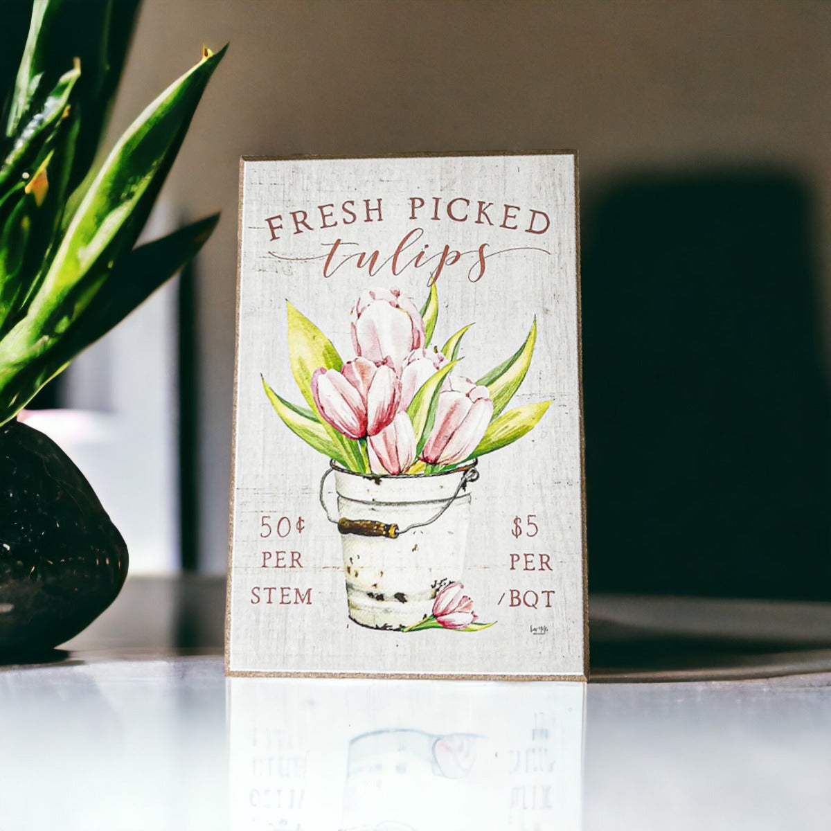 Fresh Tulips Wooden Block Sign Spring Summer Farmhouse Floral Home Decor Rustic Shelf Sitter