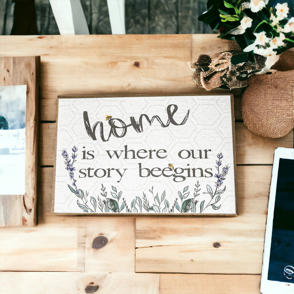 Home BeeGins Wooden Block Sign 6x4x1 Rustic Bee Home Decor Spring Summer
