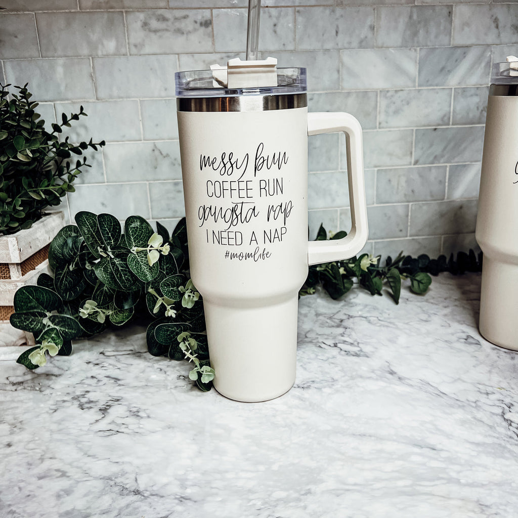 Messy Bun Mom 40oz Insulated Travel Tumbler With Handle Lid Straw - Mom Life