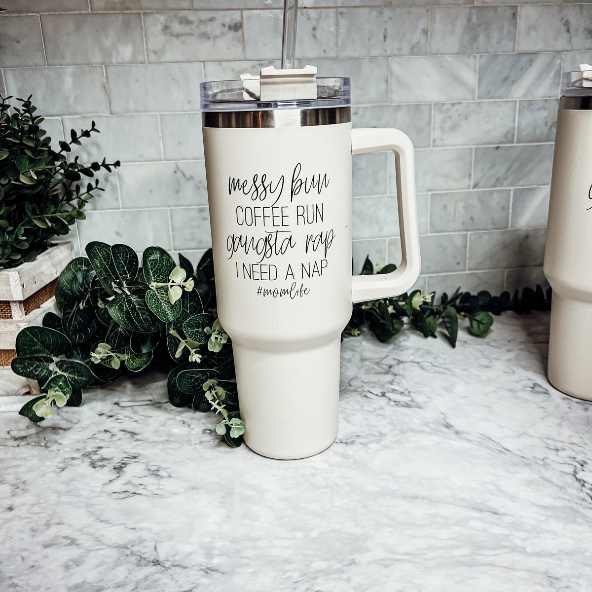 Messy Bun Mom 40oz Insulated Travel Tumbler With Handle Lid Straw - Mom Life