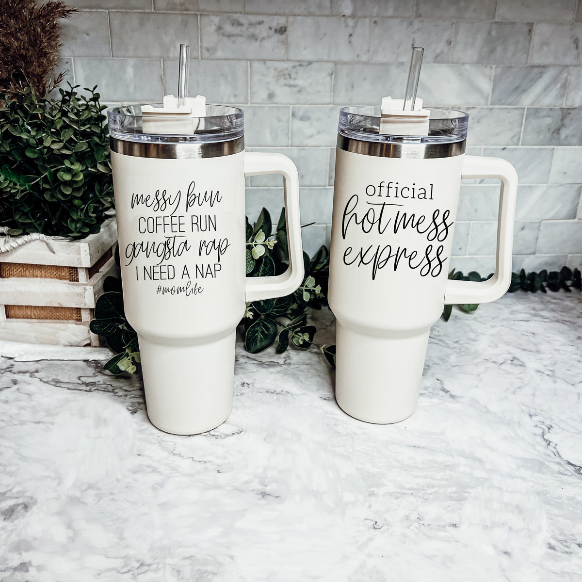 Messy Bun Mom 40oz Insulated Travel Tumbler With Handle Lid Straw - Mom Life