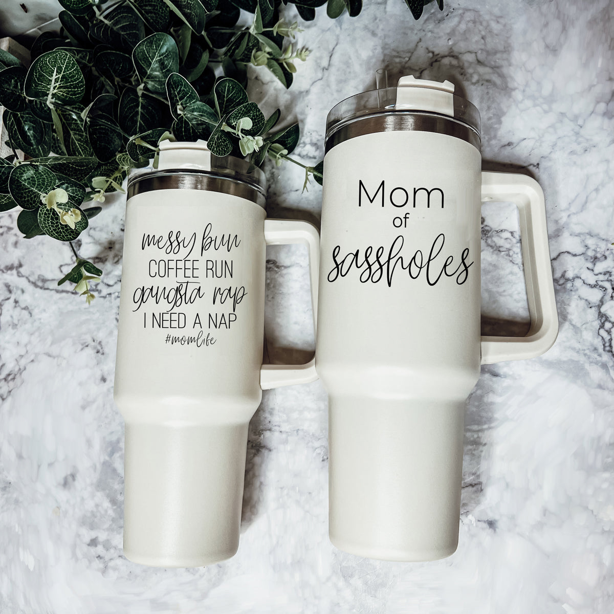 Messy Bun Mom 40oz Insulated Travel Tumbler With Handle Lid Straw - Mom Life