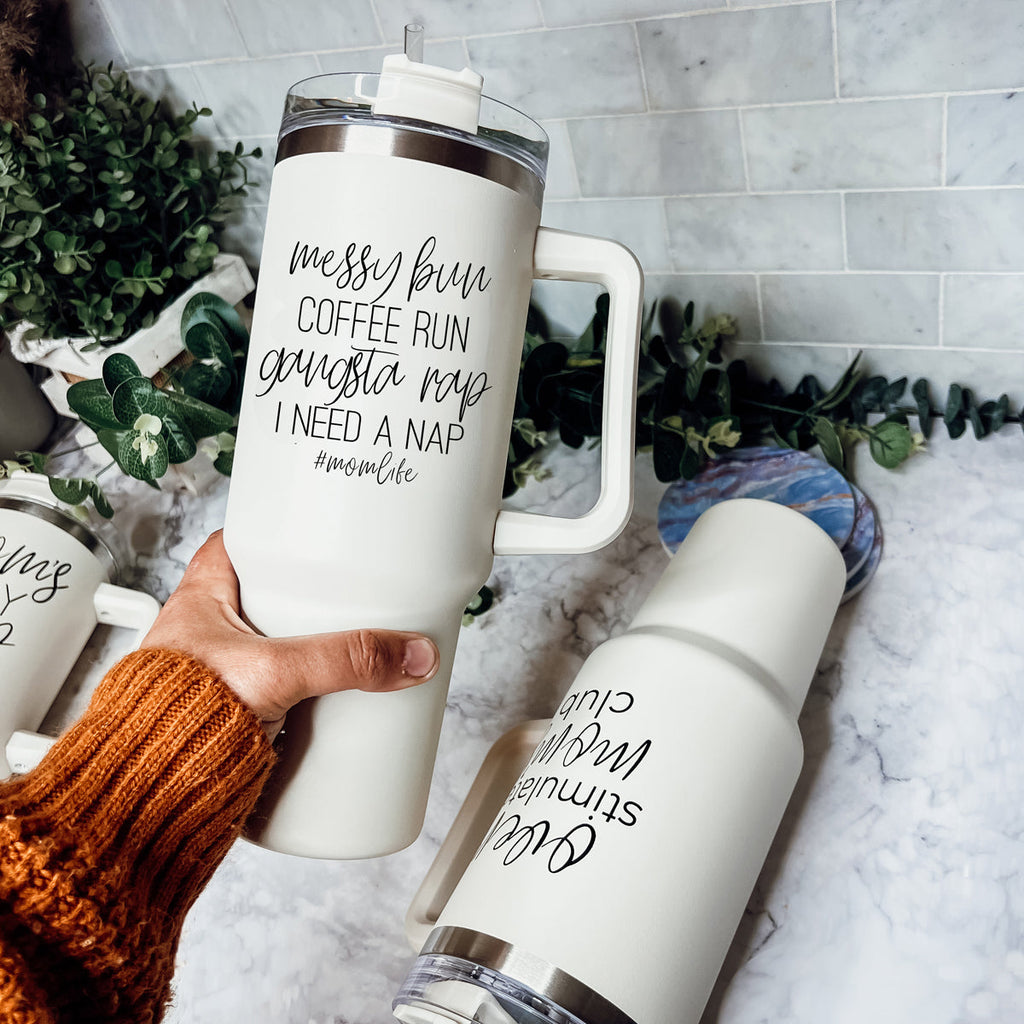 Messy Bun Mom 40oz Insulated Travel Tumbler With Handle Lid Straw - Mom Life