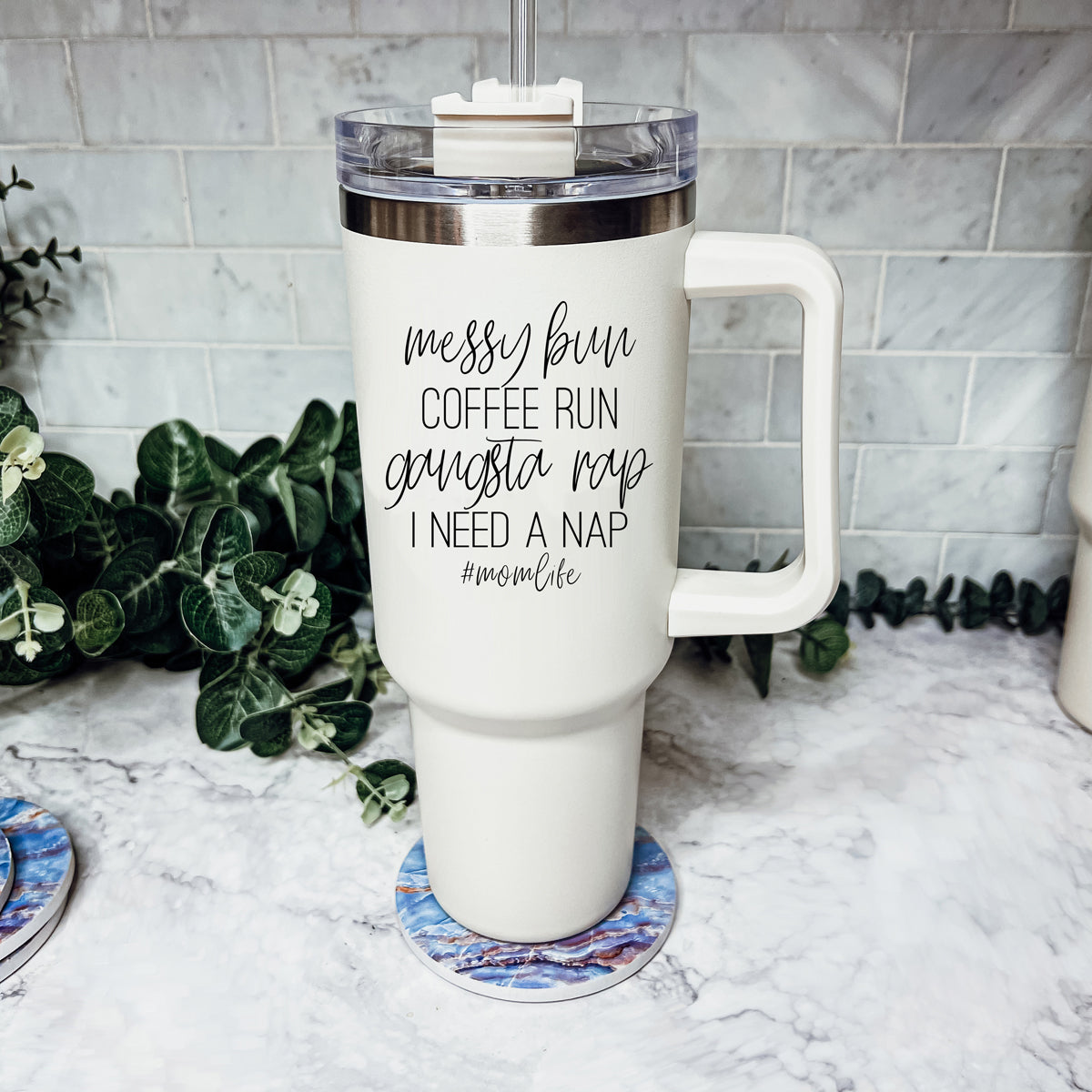 Messy Bun Mom 40oz Insulated Travel Tumbler With Handle Lid Straw - Mom Life