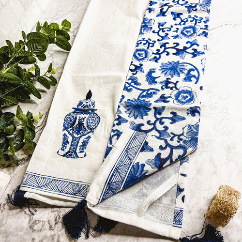 Chinoiserie Tea Towels 100% Cotton Oversized Embroidered Dish Towels Tassels