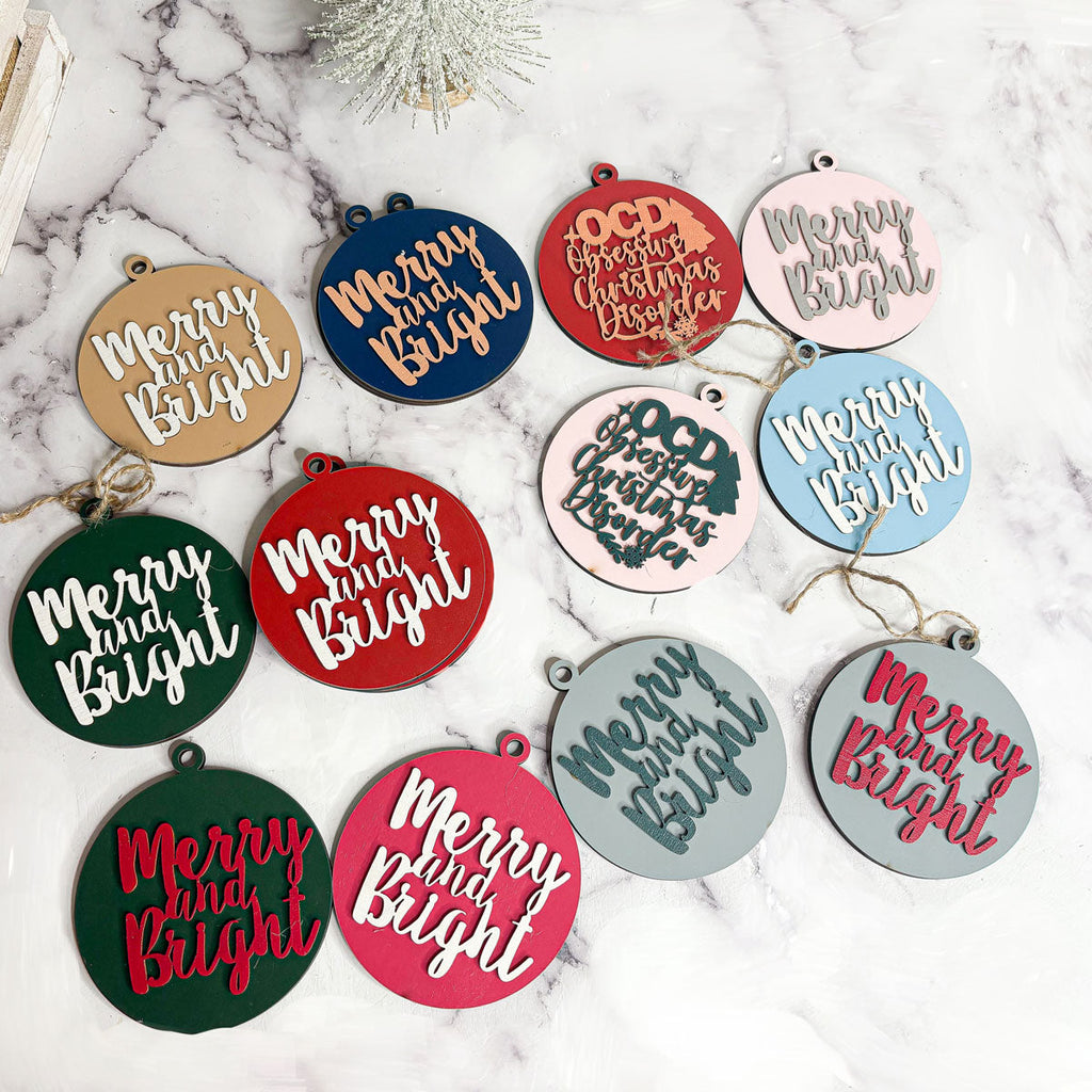 Imperfect Merry Bright 3D Handcrafted Wooden Christmas Ornament Set Limited Edition Tree Hanging Decor