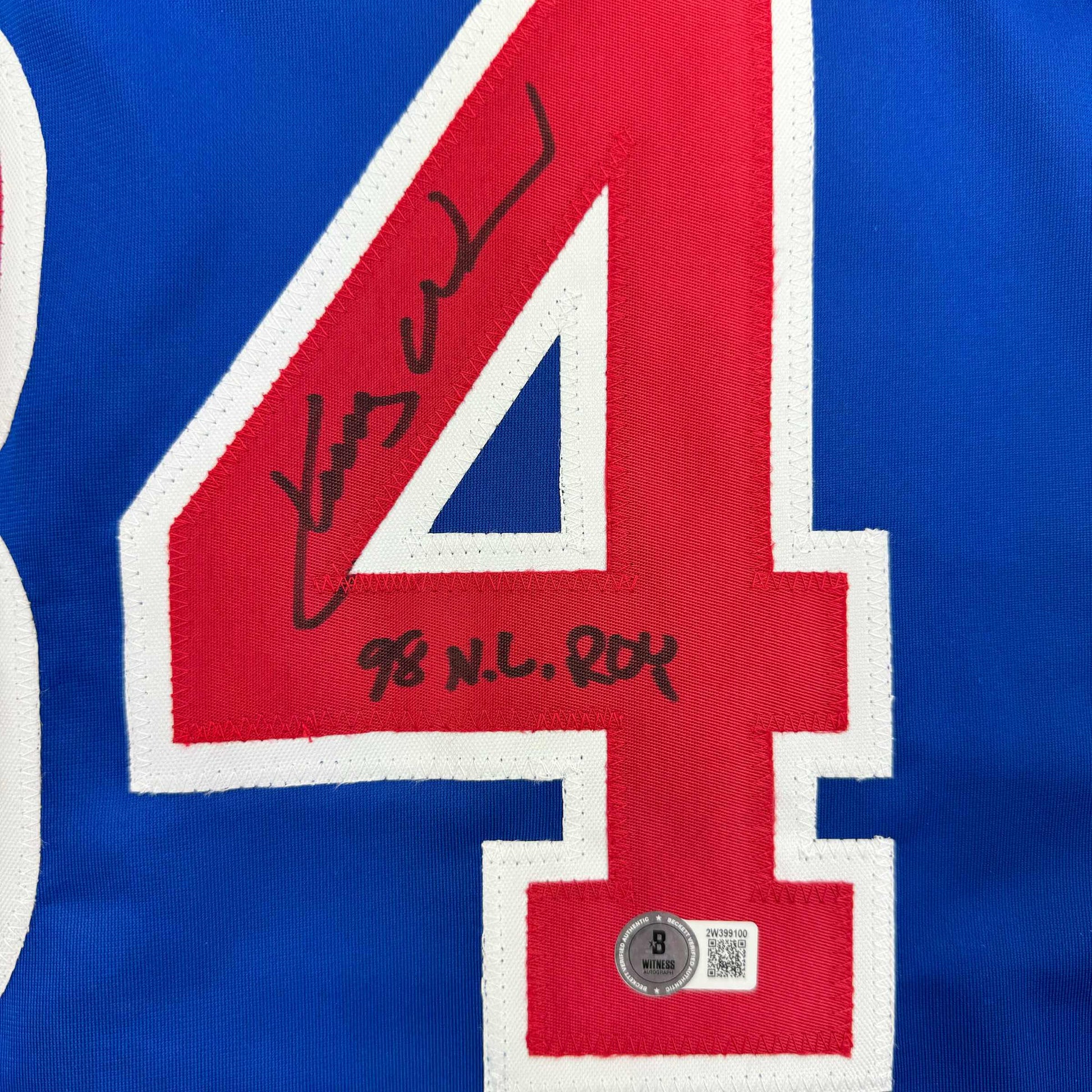 Framed Autographed/Signed Kerry Wood 98 ROY 35x39 Chicago Blue Baseball Jersey Beckett BAS COA