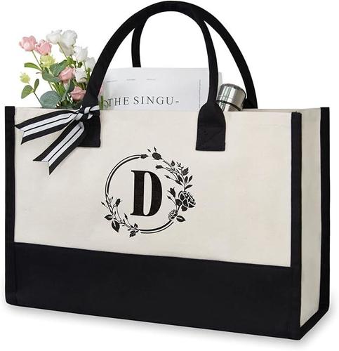 Personalized Initial Jute/Canvas Beach Bag, Monogrammed Gift Tote Bag for Women