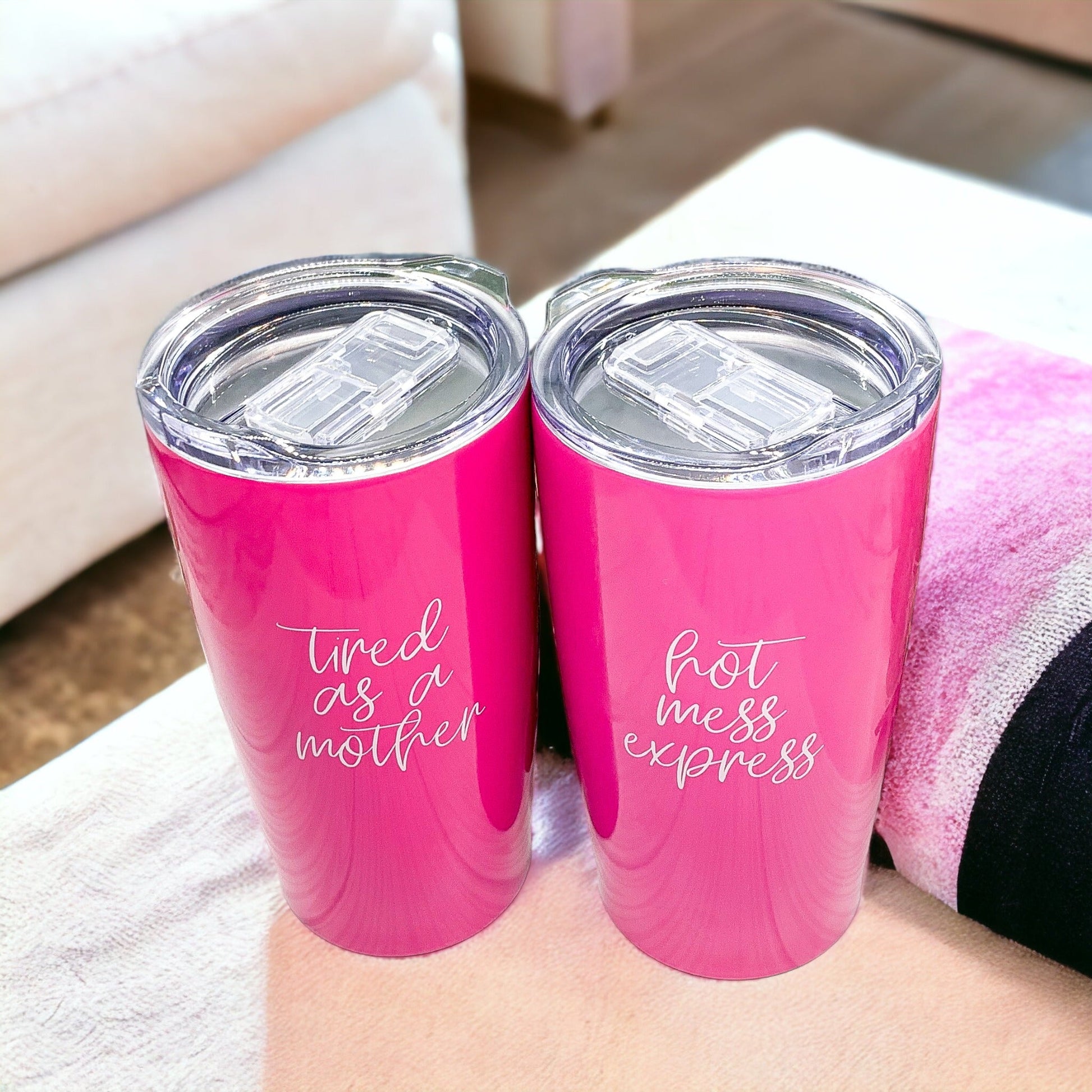 Pink Travel Mug 18oz Stainless Steel Tired As A Mother Insulated Coffee Tumbler Gift For Mom