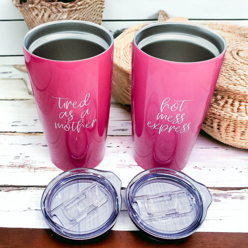 Pink Travel Mug 18oz Stainless Steel Tired As A Mother Insulated Coffee Tumbler Gift For Mom