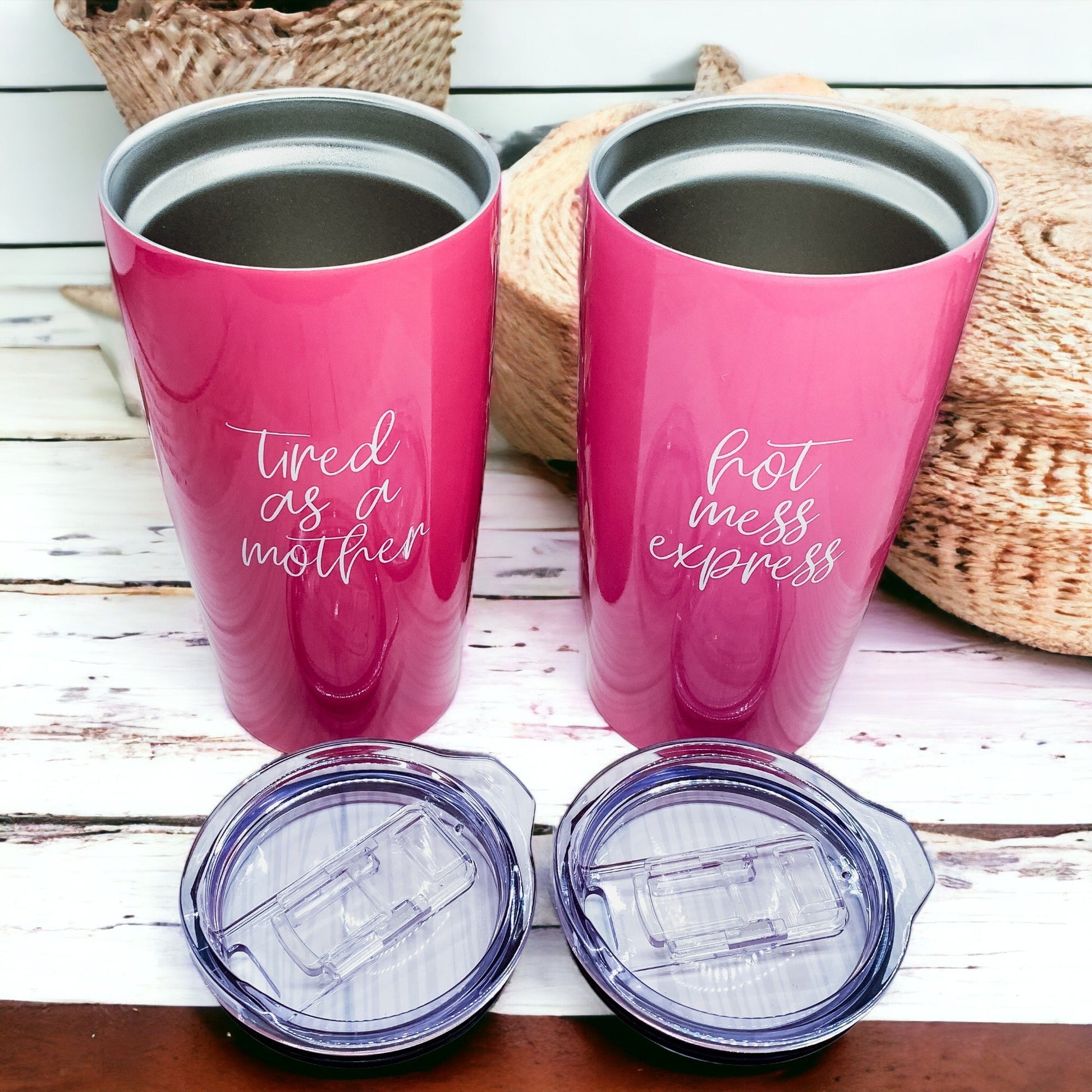 Pink Travel Mug 18oz Stainless Steel Tired As A Mother Insulated Coffee Tumbler Gift For Mom