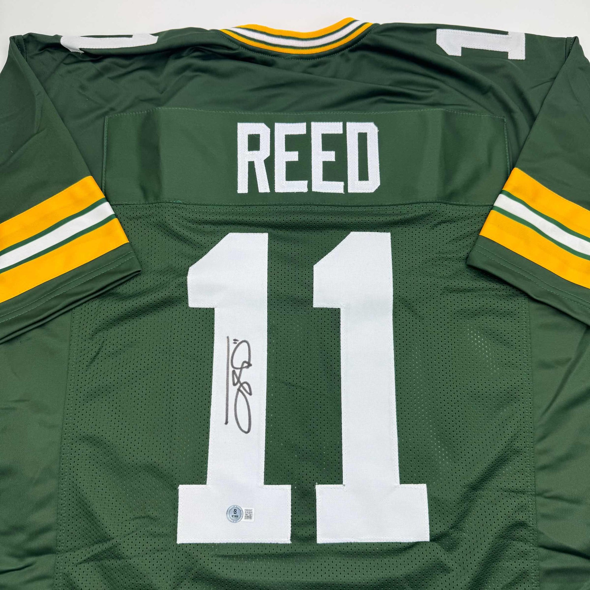 Autographed/Signed Jayden Reed Green Bay Green Football Jersey Beckett BAS COA
