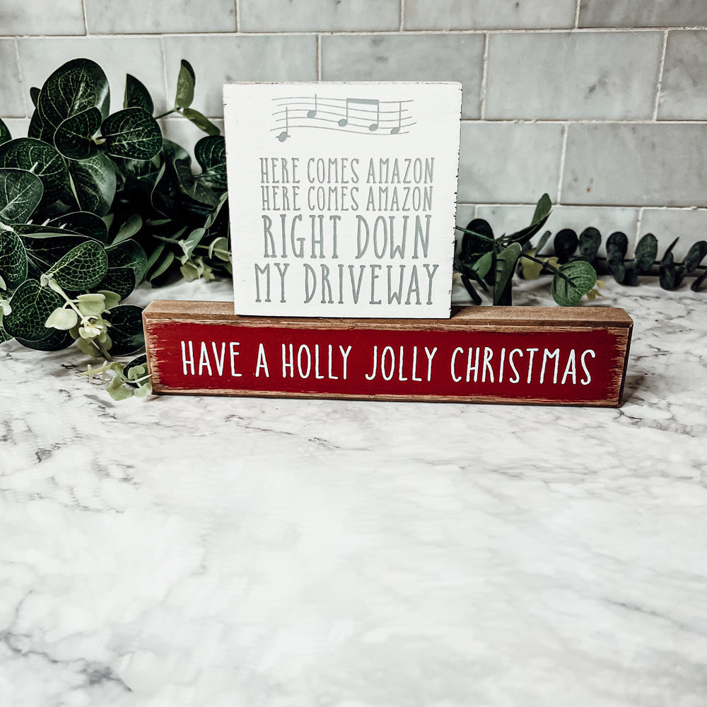 Holly Jolly Christmas Wooden Shelf Sitter Sign Holiday Mantel Shelf Decor Rustic Farmhouse