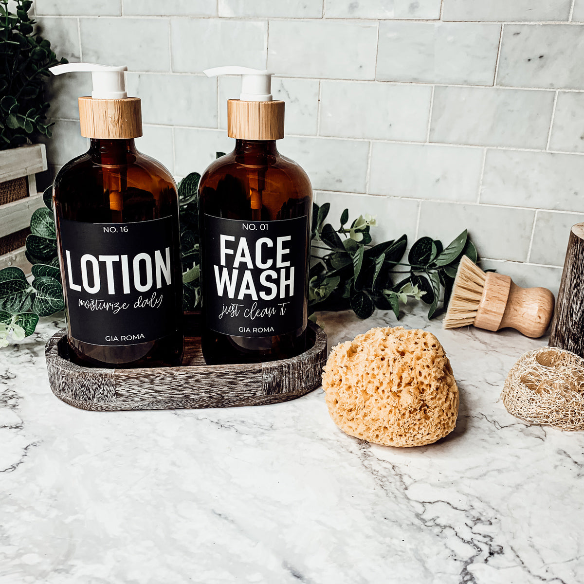 16oz Amber Glass Boston Round Soap Refill Bottle Black Label Set