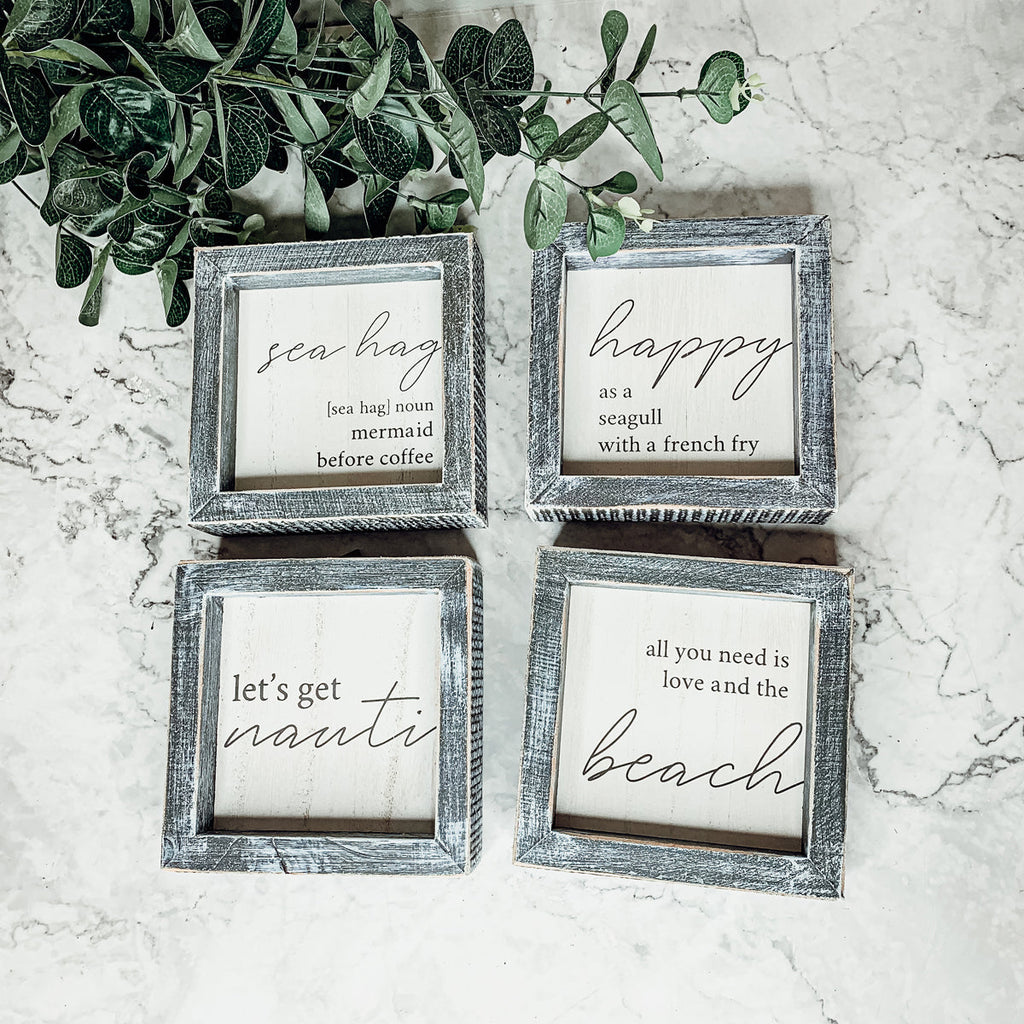 Happy As A Seagull Wooden Sign 5x5 Distressed Gray Frame Beach Decor Funny Coastal Gift