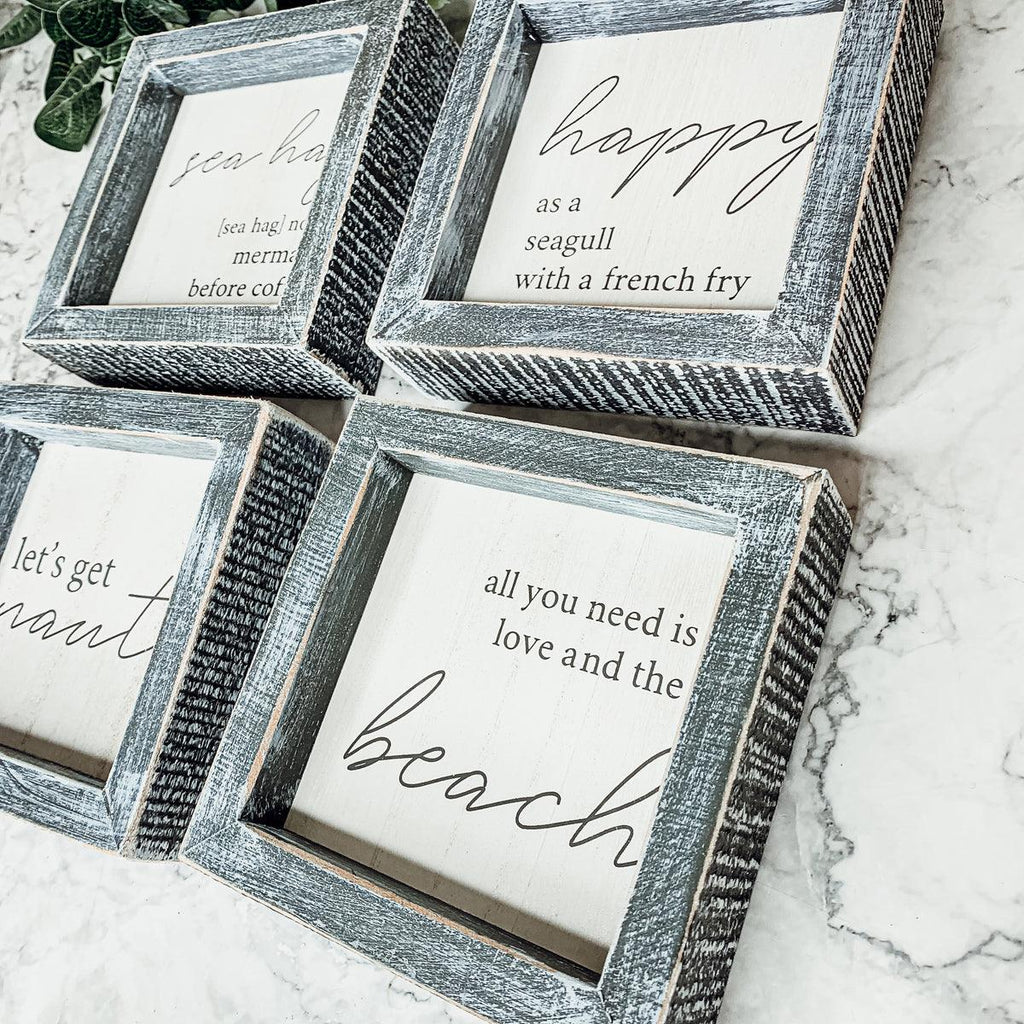 Sea Hag Wooden Sign 5x5 Distressed Gray Frame Funny Morning Mermaid Pre Coffee Decor Plaque