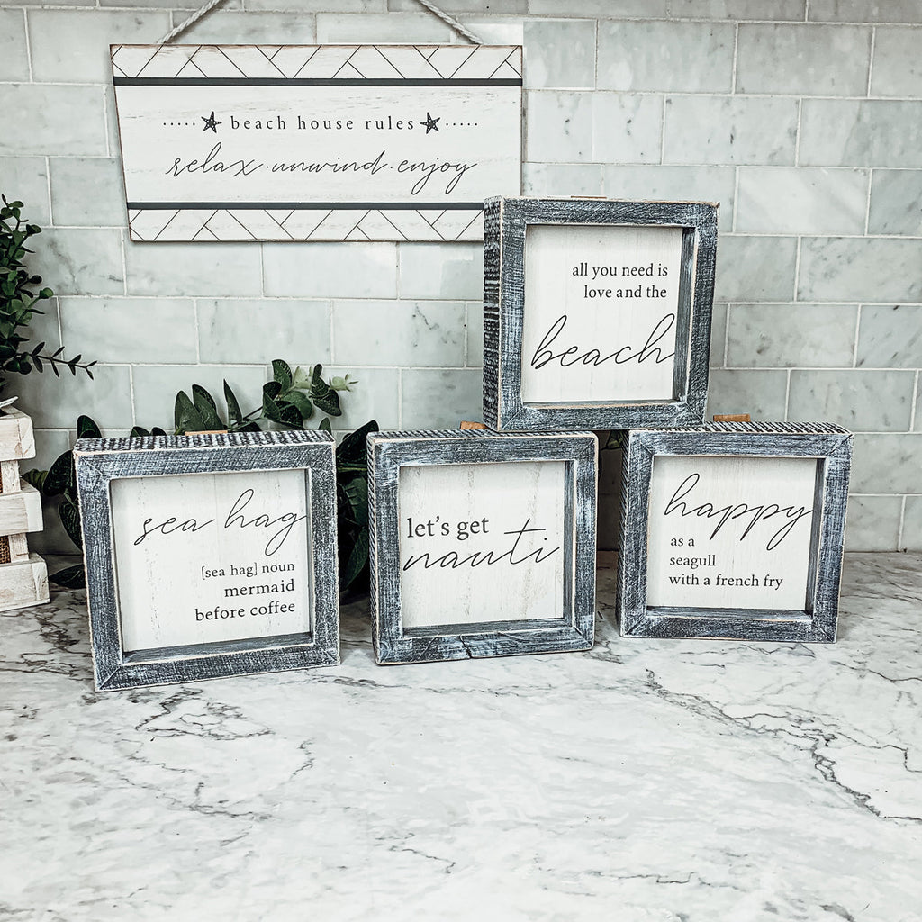 Sea Hag Wooden Sign 5x5 Distressed Gray Frame Funny Morning Mermaid Pre Coffee Decor Plaque
