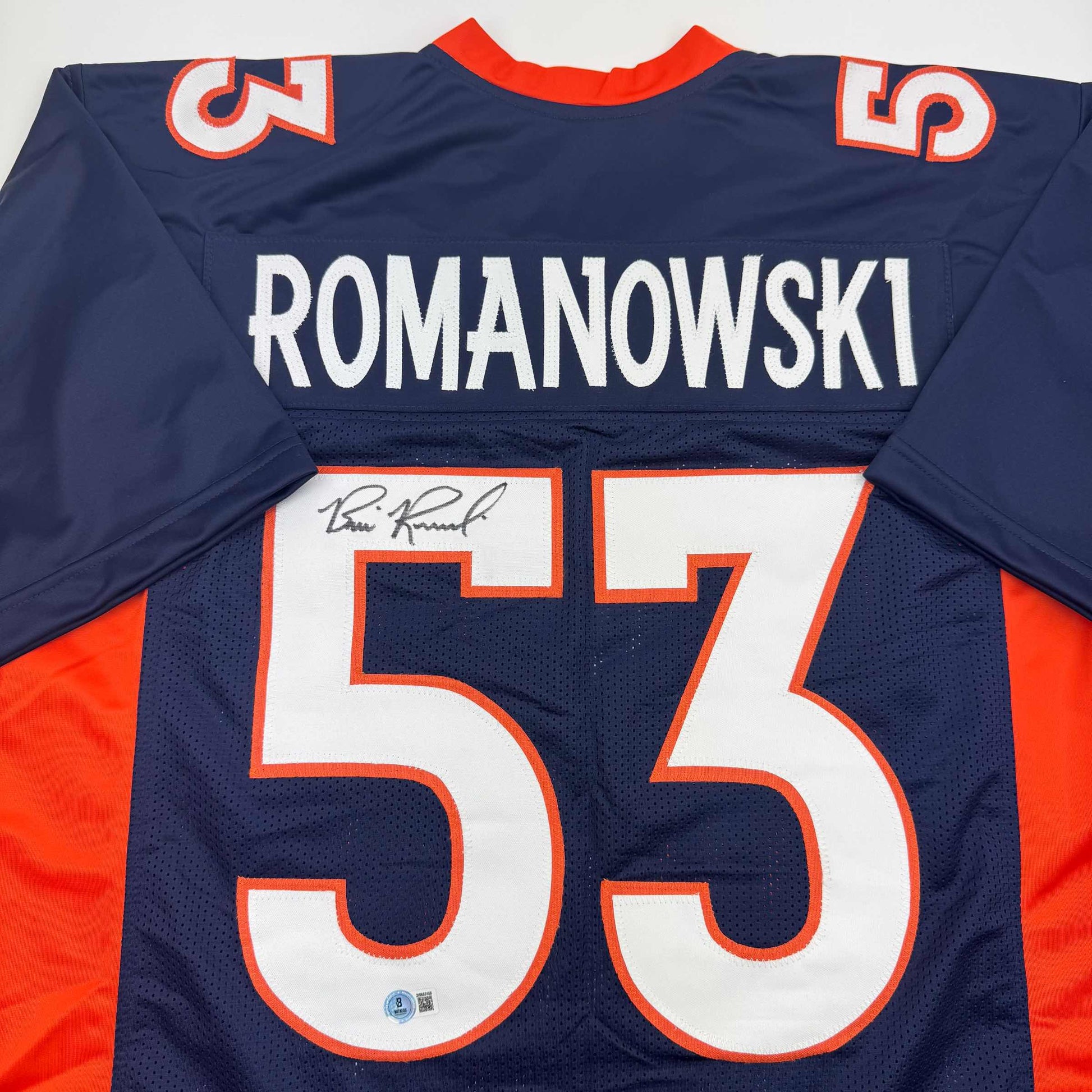 Autographed/Signed Bill Romanowski Denver Blue Football Jersey Beckett BAS COA
