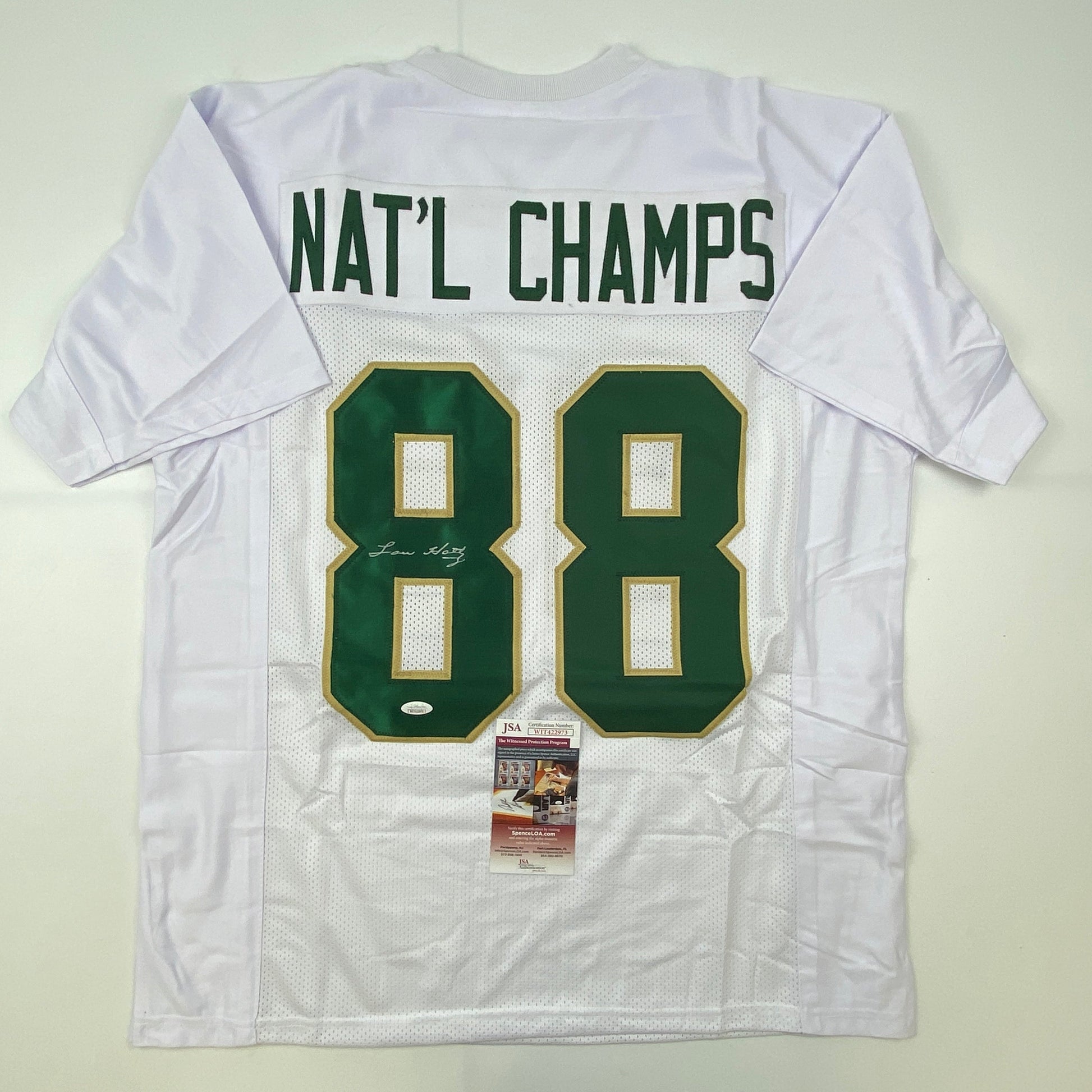Autographed/Signed Lou Holtz 1988 National Champs Notre Dame White College Football Jersey JSA COA
