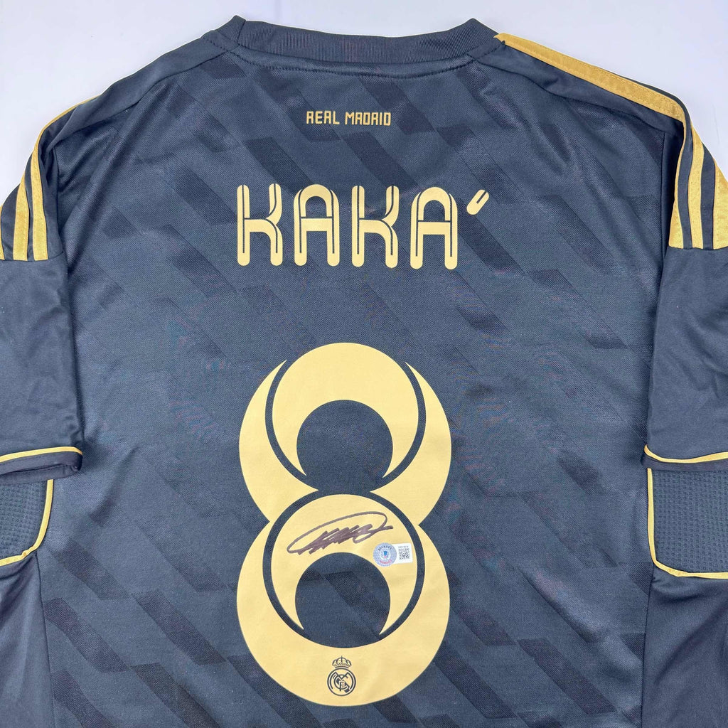 Autographed/Signed Ricardo Kaka Real Madrid Black Retro Soccer Futbol Jersey Beckett BAS COA