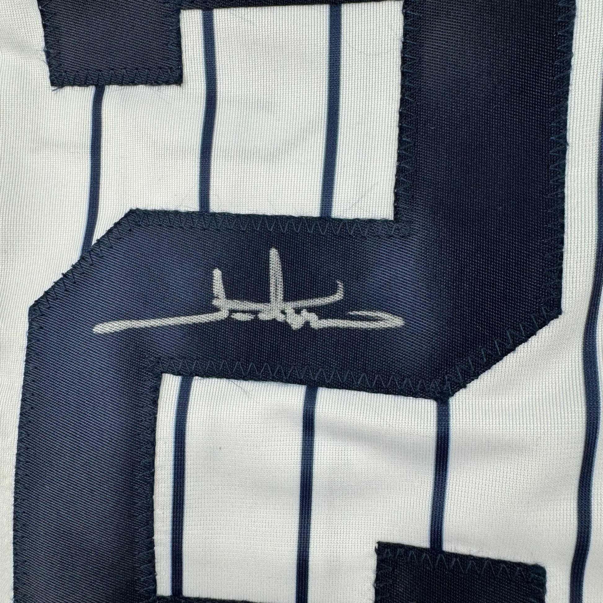Autographed/Signed Jim Abbott New York White Pinstripe Baseball Jersey Beckett BAS COA