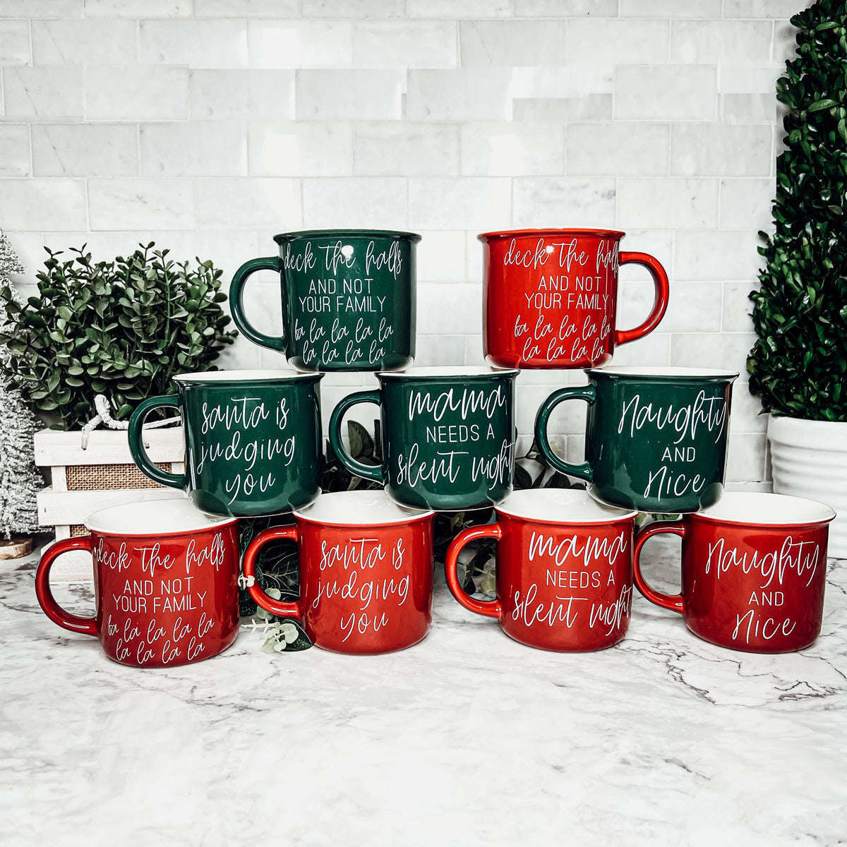 Deck The Halls Ceramic Campfire Mug 14.5oz Holiday Coffee Cup Red Or Green Limited Collection