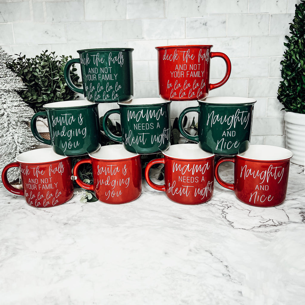 Deck The Halls Ceramic Campfire Mug 14.5oz Holiday Coffee Cup Red Or Green Limited Collection