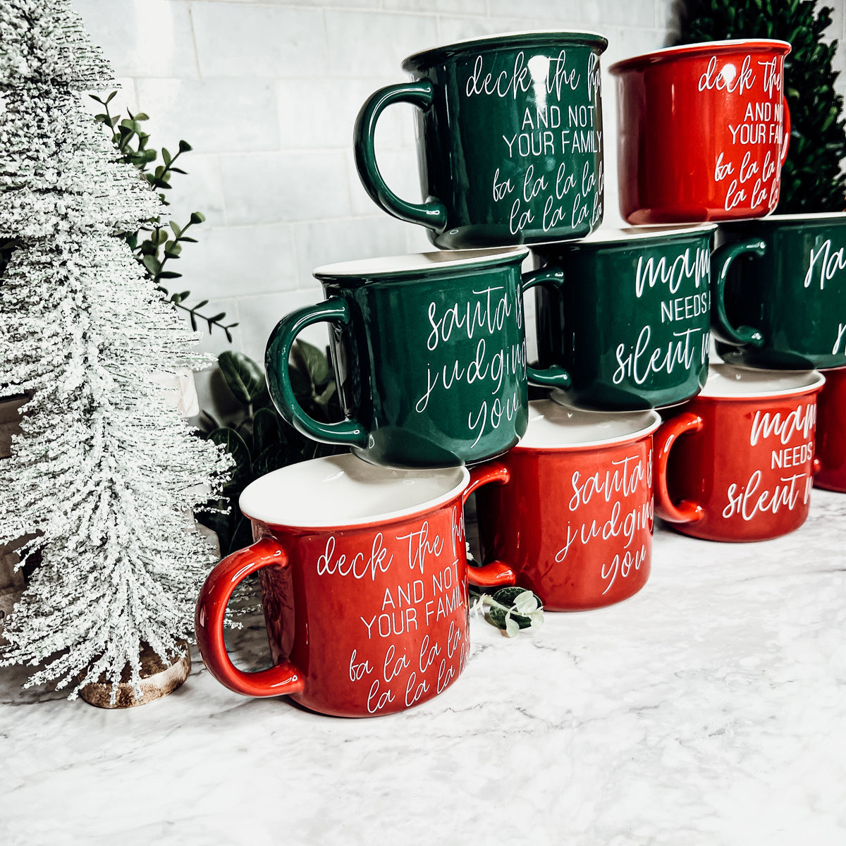 Deck The Halls Ceramic Campfire Mug 14.5oz Holiday Coffee Cup Red Or Green Limited Collection