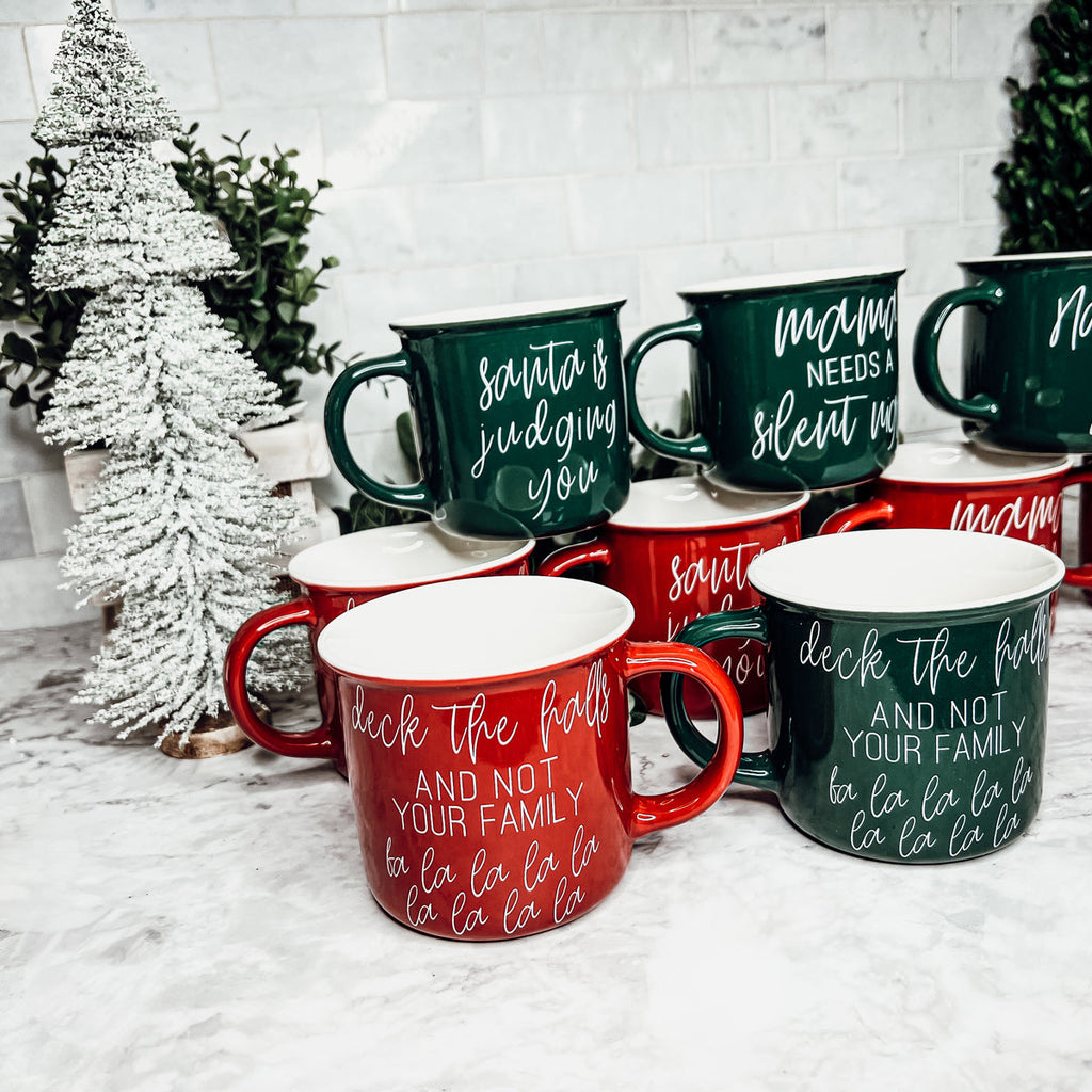 Deck The Halls Ceramic Campfire Mug 14.5oz Holiday Coffee Cup Red Or Green Limited Collection