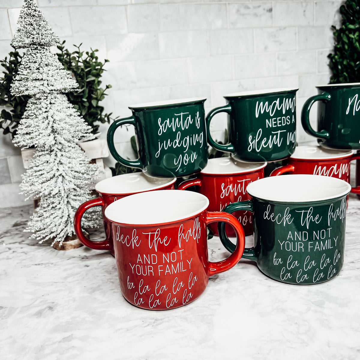 Deck The Halls Ceramic Campfire Mug 14.5oz Holiday Coffee Cup Red Or Green Limited Collection