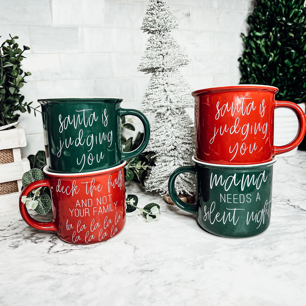 Deck The Halls Ceramic Campfire Mug 14.5oz Holiday Coffee Cup Red Or Green Limited Collection