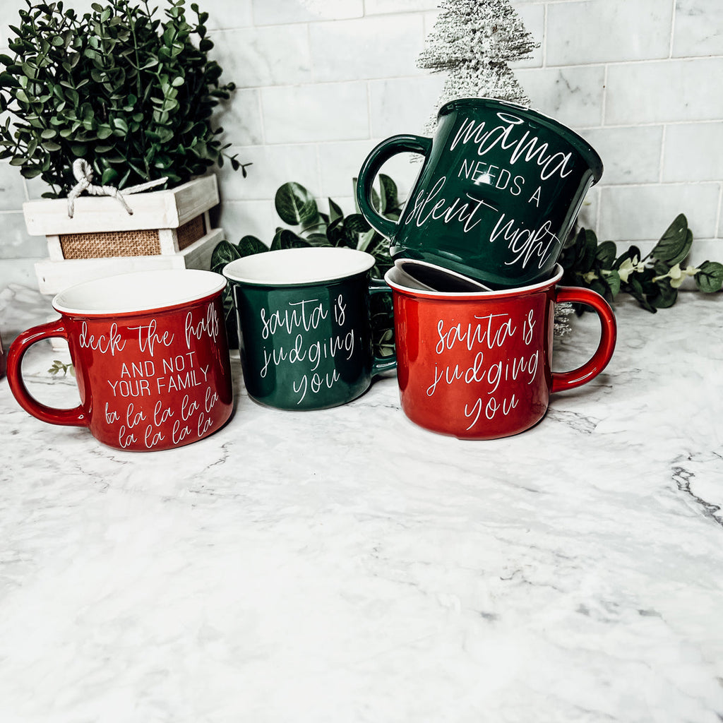 Deck The Halls Ceramic Campfire Mug 14.5oz Holiday Coffee Cup Red Or Green Limited Collection