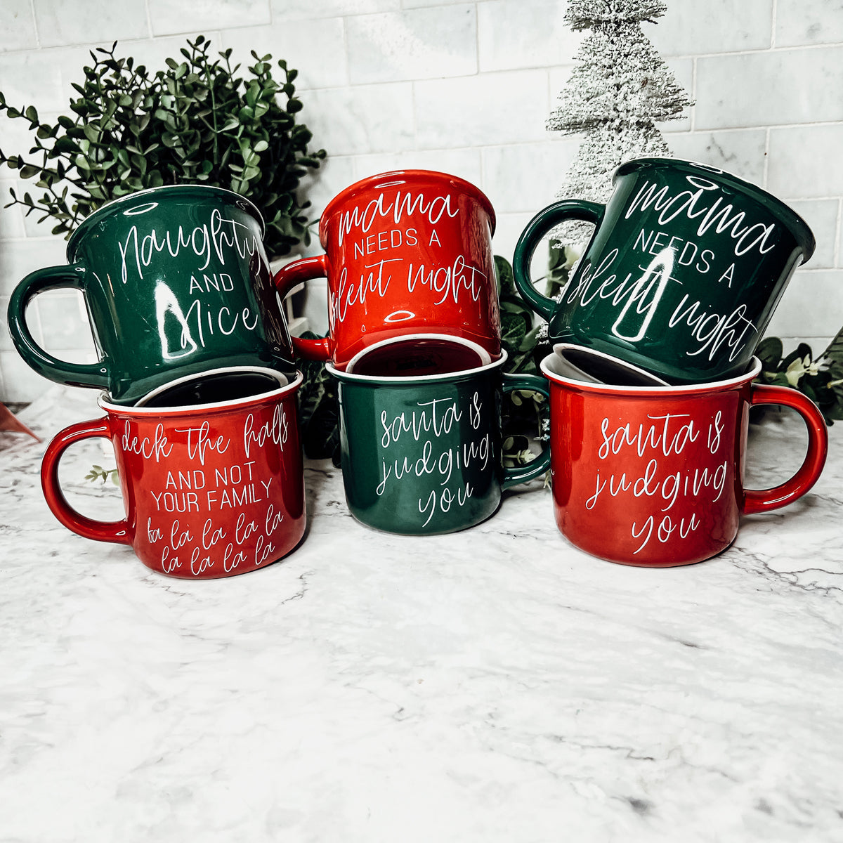 Deck The Halls Ceramic Campfire Mug 14.5oz Holiday Coffee Cup Red Or Green Limited Collection
