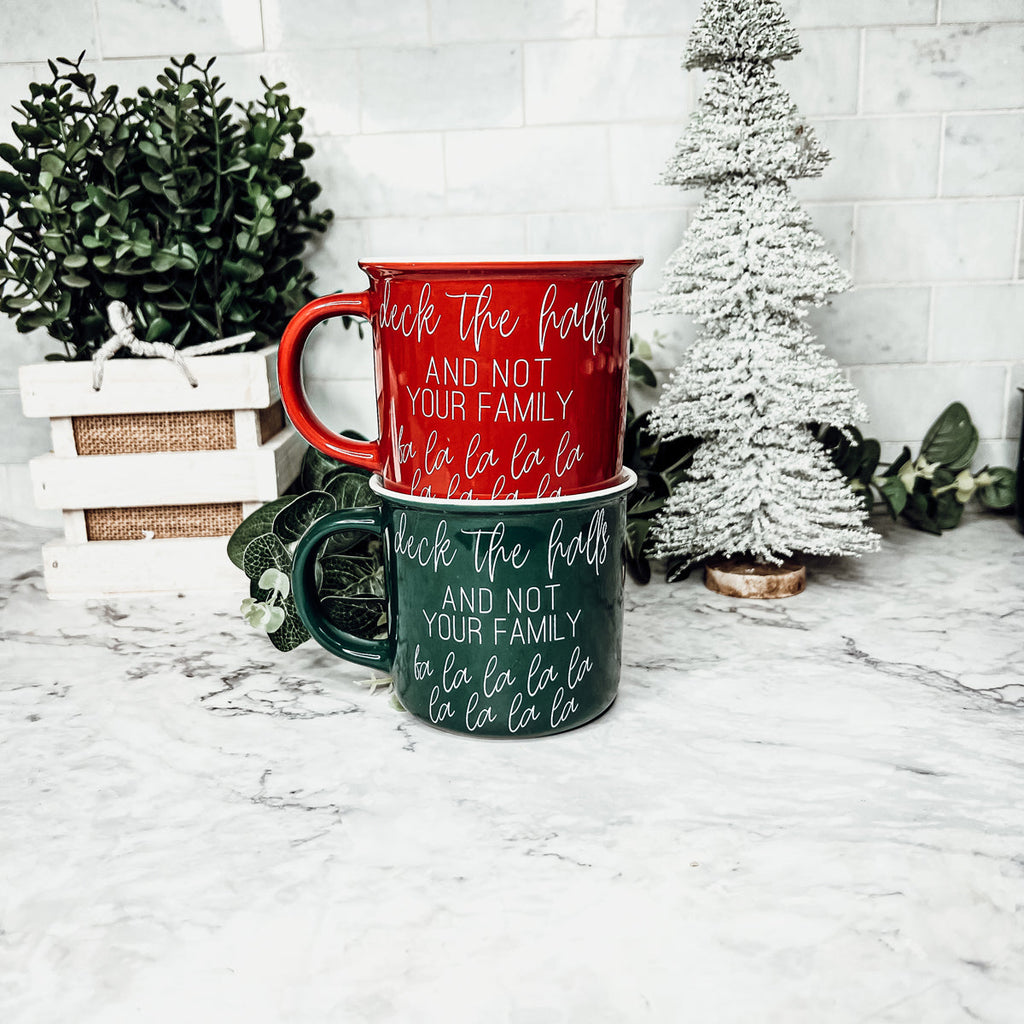 Deck The Halls Ceramic Campfire Mug 14.5oz Holiday Coffee Cup Red Or Green Limited Collection