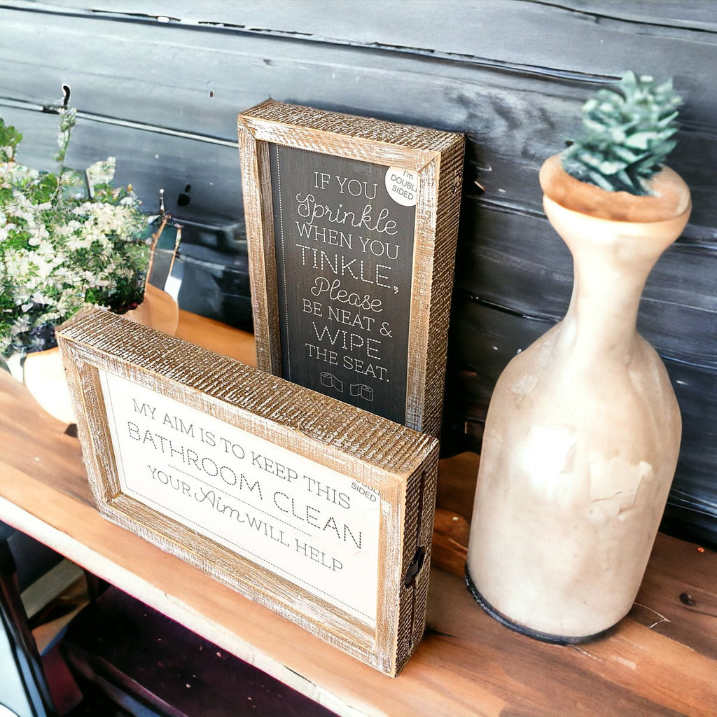 Funny Double Sided Wooden Bathroom Sign Aim Sprinkle Tinkle Freestanding Frame Wall Decor