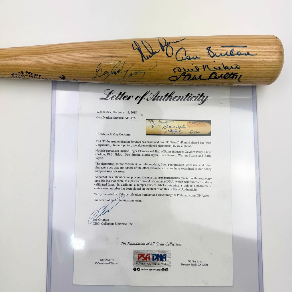 RARE 300 Win Club 9 Sigs Autographed/Signed Baseball Bat Tom Seaver, Nolan Ryan, Clemens, Sutton, Carlton, Niekro, Perry, Spahn & Wynn PSA/DNA
