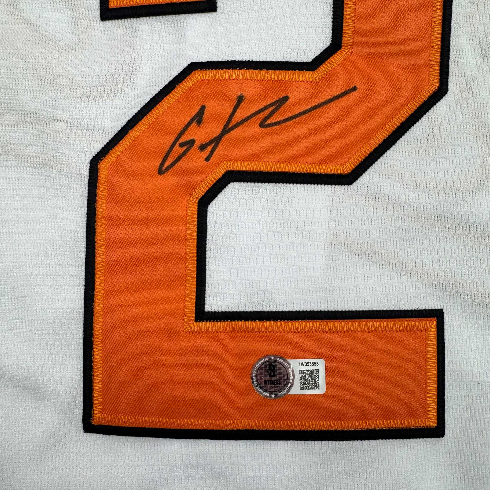 Autographed/Signed Gunnar Henderson Baltimore White Baseball Jersey Beckett BAS COA